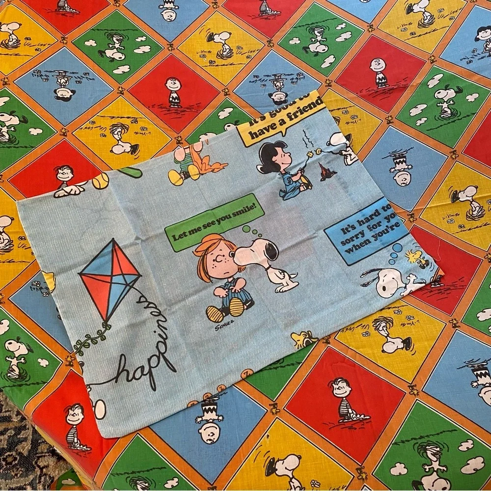 Vtg Peanuts Charlie Brown Snoopy Twin Flat Sheet & Pillow Case Colorful Quotes